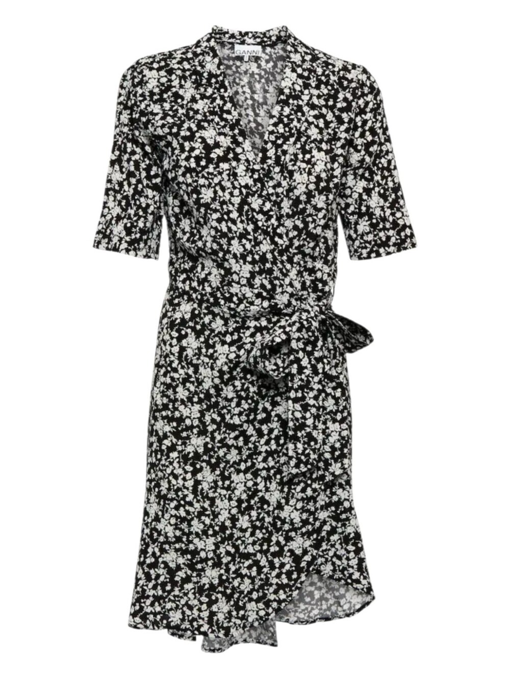 GANNI Floral Crepe Mini Wrap Dress Black White